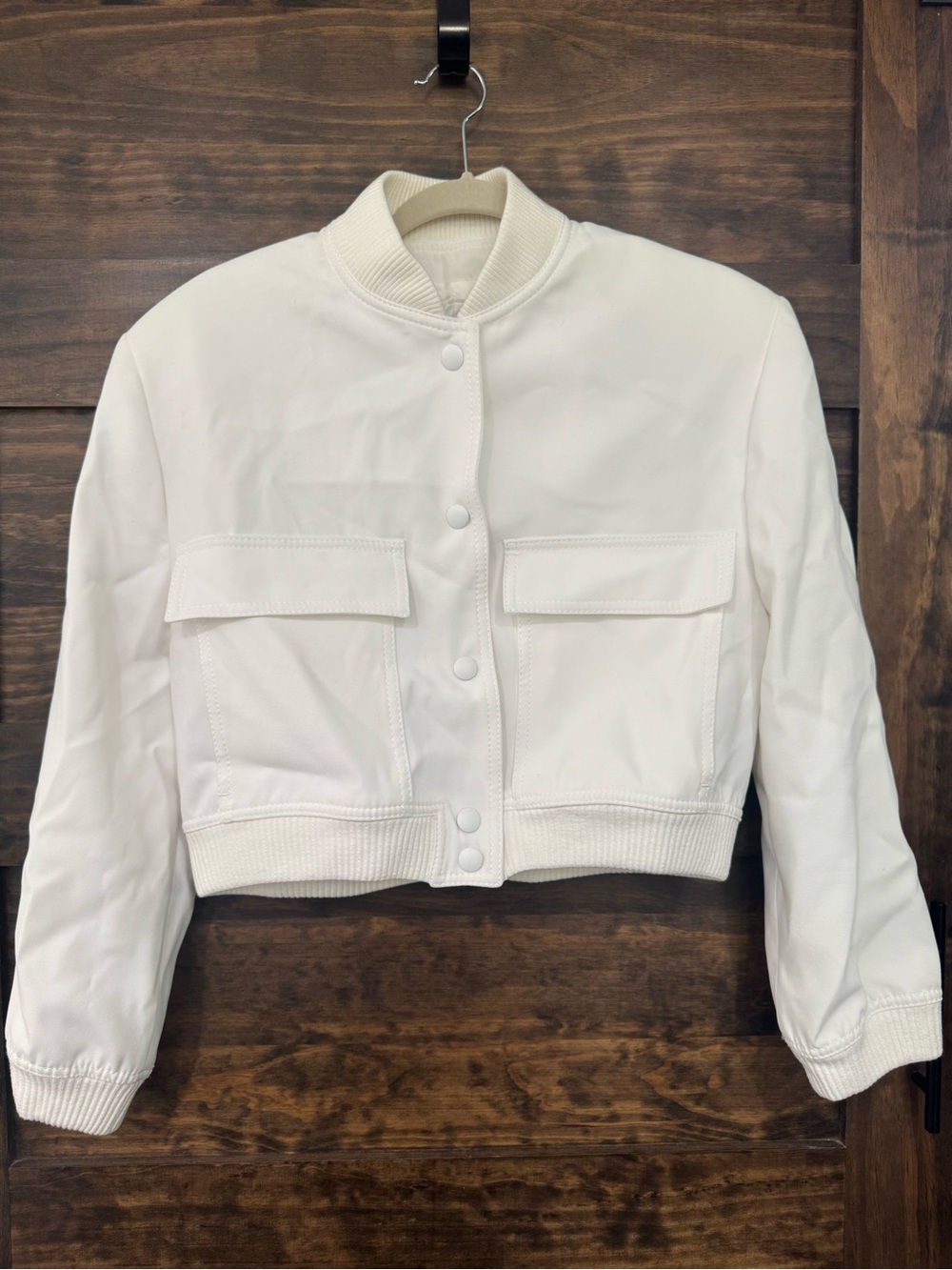 Zara White Cropped Bomber Jacket with Front Flap Faux Pockets SMALL